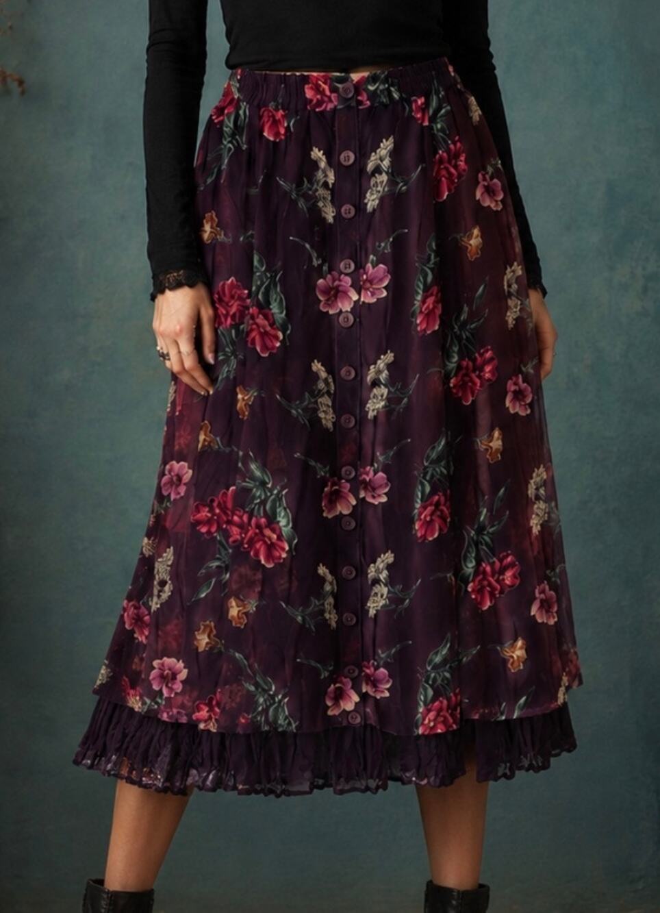 Vintage Neo Nostalgia Floral Maxi Skirt Purple Ruffle Hem 90s Whimsigoth Boho S